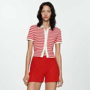 Mango Red and White Striped Cardigan
